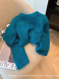 Women's Sweaters Harajuku Simple Knitted Sweater Women Long Sleeve Blue Pullovers Autumn Winter Korean Loose O-Neck Classical Jumper High