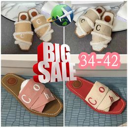 Designer slides CH Sandles womens lady woody fluffy flat mule slide beige white pink lace lettering canvas fuzzy fur slippers EUR 34-42 shoes