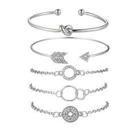 5PCS Round Diamond Knotted Arrow Open Geometry Chain Bracelet Adjustable Cuff Bracelet Open Line Stackable Surround Bracelet Set f258P