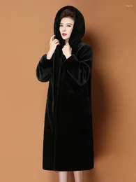 Women's Fur Lautaro Winter Long Black Thick Warm Soft Faux Sheared Mink Coat Women With Hood Elegant Luxury Middle Age Clothing