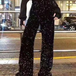 Women's Pants 2024 Women Autumn Winter Sequined Wide-leg Female Long High Waist Mop Pant Ladies Casual Straight Trousers T719