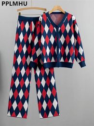 Thick Soft Plaid Sweater 2 Piece Sets Women V-neck Knitwear Cardigan Outfits High Waist Baggy Knit Wide Leg Sweatpants Conjunto 231226