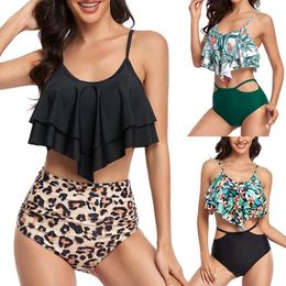 Wear Tropical&leopard Print Sexy Ruffle Bikini 2020 Large Size Women High Waist Swimwear Push Up Large Size Swimwear Beach Bath Suit