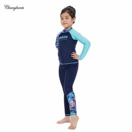 set Girls 3 Pieces Swimwear Blue Patchwork Teens Long Sleeve Surfing Suit 216 Y Children 3 In 1 Rash Guard Swimming Wear for Kids