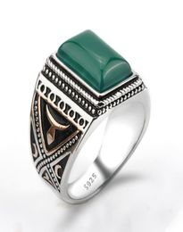 925 Sterling Silver Setting Green Agate Geometric Stone Ring Punk Style for Men Finger Ring Jewelry4001638