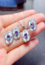 S925 Sterling Silver Inlaid Necklace Ring Stud Earrings Natural Tanzanite Set7207948