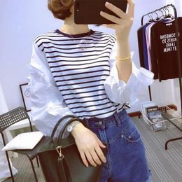 Women's Blouses Butterfly Sleeve Blouse 2023 Spring Womens Korean Style Striped Loose Long Tops Female Ruffles Pullover O Neck Clothes