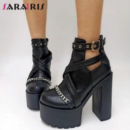 Heels 2022 Spring New Black Pumps Women Platform Shoes Chain Chunky High Heeled Big Size 43 Female Goth Fashion Shoes For Woman