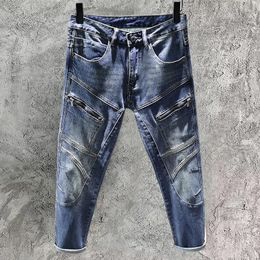 Men's Jeans American Retro Motorcycle High-end Straight Tapered Pants Locomotive Men Fashion Patchwork Workwear