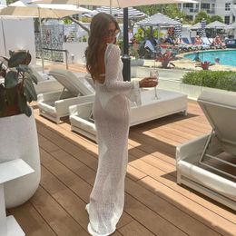 Women's Swimwear Combhasaki Summer Long Knit See-through Beachwear Solid Color Flare Sleeve O Neck Hollow Backless Cover Up Dress