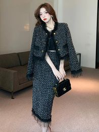 Fashion French Vintage Tweed Two Piece Sets Women Outfits High Quality Chic Fringed Jacket Coat Bodycon Long Skirt Suits 231225