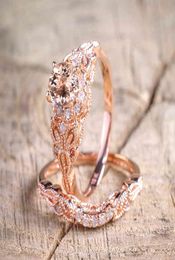 2pcsset Luxurious Women Wedding Ring Set Shiny Round Cut Zircon Stone Rings Rose Gold Color Party Crystal Jewelry Accessories1305280