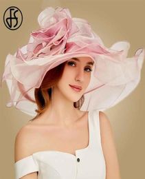 FS 2019 Pink Kentucky Derby Hat For Women Organza Sun Hats Flowers Elegant Summer Large Wide Brim Ladies Wedding Church Fedoras Y26160355