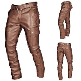 Spring and Autumn Men's Pockets Punk Style Retro Mid Waist Leather Pants Strap Casual 231225