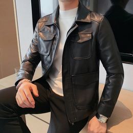 Mens Pu Leather Jackets Autumn Casual Motorcycle Jacket Biker Faux Leather Coats Pocket Zipper Overcoat Men Clothing S-4XL 231226