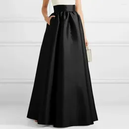 Skirts Women High Waist Skirt Faux Satin Elegant Vintage Maxi With Pockets For A-line Autumn