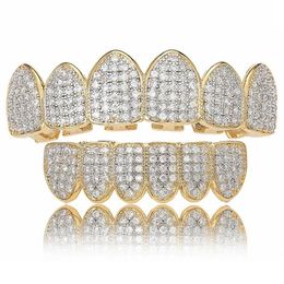 Iced Out Grillz Bling Hip Hop Teeth Grills Caps Silver Gold Cubic Zirconia Teeth Top & Bottom Dental Grills Rock Jewelry278g