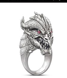 Luxury Sculpted Dragon Head Ring with Red Eyes for Men Punk Style Vintage Male Ring Party Finger Ring Men Rings Animal Jewelry2091664