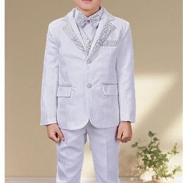 Herbst-Winter-weiße Anzüge für große Jungen, normale formelle Jungen-Blazer, 4-teilige Anzüge, Hose, Weste, Kostüm für Hochzeiten 231225