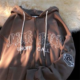 Women Letter Embroidery Hoodies Autumn Winter Vintage Zipper Long Sleeve Oversized Jacket Coat Harajuku Casual Hooded Sweatshirt 231225