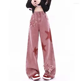 Women's Jeans Retro Pink Five-point Star Edge Splicing Loose Wide-leg Women Look Thin American Trendy All-match Pants