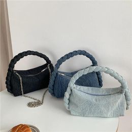 Evening Bags 2024 Fashion Hand Woven Handle Handbag Lady Chain Messenger Girls Women's Versatile Denim Crossobdy Shoulder Bag