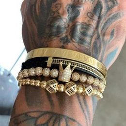 Classical Hand Woven Braided Bracelet Golden Hip Hop Mens Zircon Crown Roman Numeral Bracelet Set 3 Pack Gift F1211232a