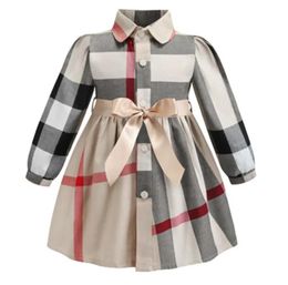 Dresses Baby Girls Dress Designer Shirt Collar Long Sleeve Bow Plaid Children's Dress British Style Cotton Princess Frock