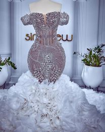 2024 árabe aso ebi luxuoso vestido de casamento sereia fora do ombro frisado cristais ilusão vestidos de noiva vestidos de novia customed