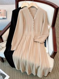 Autumn Winter Knitted Sweater Dresses Office Ladies Elegant High Quality Temperament Waist A line Solid Vestidos 4XL Dress 231225