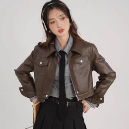 American Vintage Sweet Girl Style Coffee Colour Women's Leather Jacket Autumn Design Sense Short Motorcycle Jacket Top 231226