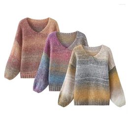 Women's Sweaters 2023 Fashion Gradient Rubbing Effect Casual Knitted Sweater Retro V-neck Long-sleeved Female Pullover Chic Top