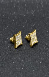 Men Fashion Square Stud Earrings CZ Bling Micro Pave Cubic Zirconia Gold Silver Earring Punk Hiphop Jewelry7628644