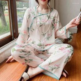 Womens Sleepwear Chinese Style Female Pajamas Set Print Summer Women Silky Satin Pijamas Suit Roundneck Nightsuits Home Clothes