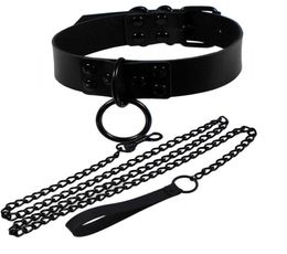 Chokers Fashion Sexy Rivet Women Man Dark Black Punk Gothic Alter Slave PU Leather Traction Rope Chain Bondage Necklace Jewelry8860076