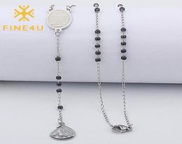 Pendant Necklaces FINE4U N415 Stainless Steel Muslim Arabic Printed Necklace Black Color Beads Rosary Jewelry12559236