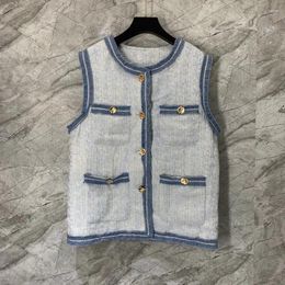 Women's Vests 2023 Fashion High Quality Sleeveless Round Neck Wool Denim Trimmed Gold Buckle Loose Vest Top 1210