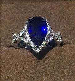 Pear Cut Water Drop Blue Sapphire Cz Jewelry White Gold Filled Solitaire Simulated Diamond Ring for Women Exquisite Wedding Gift S6962707
