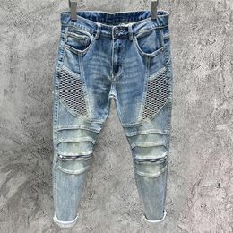 Men's Jeans 2023 Blue High-end Zippered Motorcycle Trendy Pants High Street Stacked Patchwork Jean Slim Fit Denim Skinny