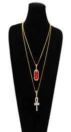 Egyptian Ankh Key of Life Bling Rhinestone Pendant With Red Ruby Pendant Necklace Set Men Fashion Hip Hop Jewelry4819536