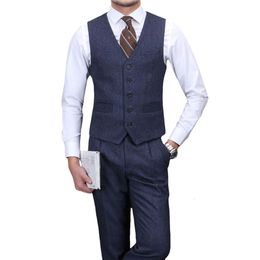 Men's Herringbone Pattern Suit Gentleman Woollen Wedding Business Waistcoat Jacket