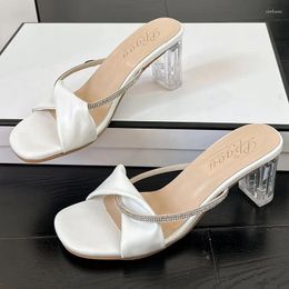 Slippers Square-toe Sexy High Heels Women Shoes Summer Rhinestone Heel Open-toe Pleated Modern Sandals