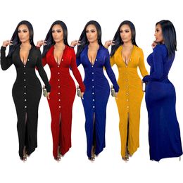 D9804 Amazon Hot Selling European and American Women's Sexy Fashion Solid Color Single Breasted Cardigan Long Sleeved Long Dress Dress