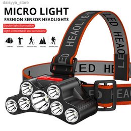 Headlamps 7 LED Headlamp Rechargeable Powerful Head Lamp With Built-in 18650 Battery Outdoor Camping Headlight Head FlashlightL231226