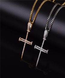 Gold Zircon Nail Cross Pendant Gold Silver Copper Material Iced Out Cross CZ Pendants Necklace Chain Fashion Hip Hop Jewelry4701650