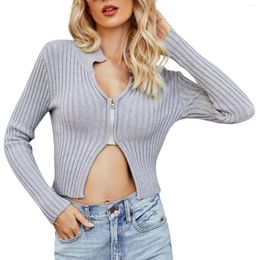 Women's Sweaters Tops Sexys Pullovers Short Solid Colour Long Sleeve Slimming Sweater Cardigan Sexy Neckless Knitwear With Zipper