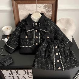 Girls Tweed Sets Winter Children Suits Cotton Padded Kids JacketsSkirt Thick Warm Fleece Shirt Girls Outfits Set 2 3 4 5 6 7Yrs 231225