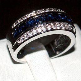 Luxury Princess-cut Blue Sapphire Gemstone Rings Fashion 10KT White Gold filled Wedding Band Jewelry for Men Women Size 8 9 10 11 3101