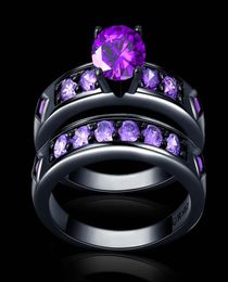 Noble purple Colour rhinestone round CZ Zircon couple Rings Set black 18K Gold filled Wedding alliance For Women5272020