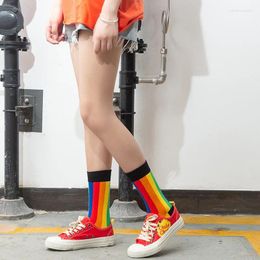 Women Socks Retro Harajuku Rainbow Funny Cotton Striped Long Sock Candy Colour Calcetines Hosiery Stockings Sox